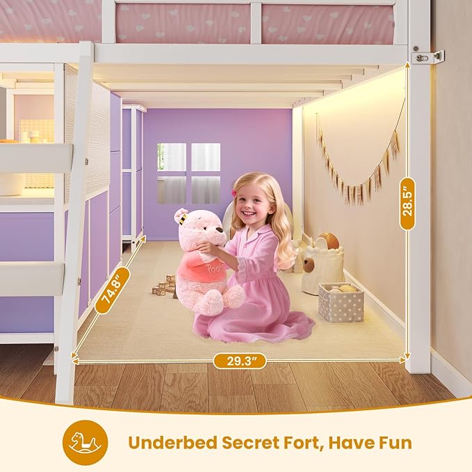 ADORNEVE Low Loft Bed Twin Size with 7 Storage Drawers, Bookcase and LED Lights, Metal Kids Loft Bed with 14" H Safety Guardrail,Inclined Ladder and Play Curtain, Under-Bed Play Space, Purple