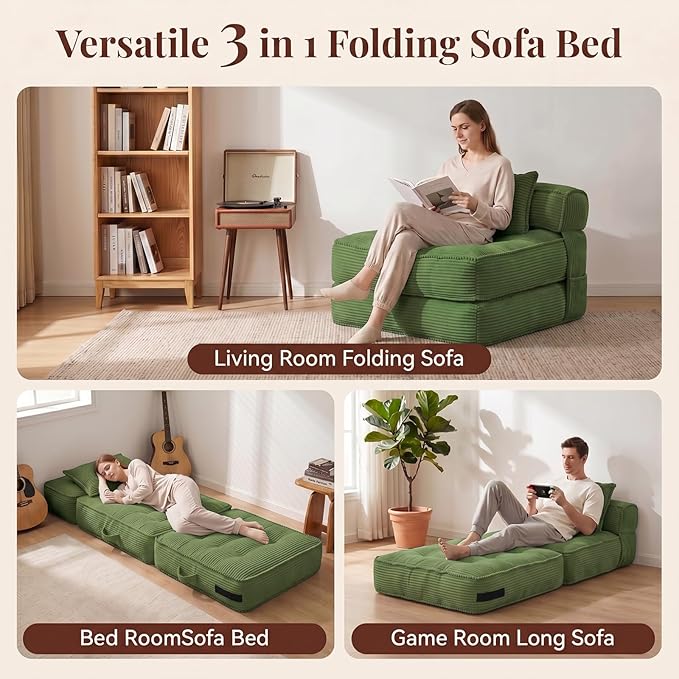 Folding Sofa Bed, Convertible Sleeper Chair with Pillow Foldable Mattress with Back Support, Portable Fold Out Chair Bed Comfy Floor Couch Lounge for Living Room Bedroom Apartment Single