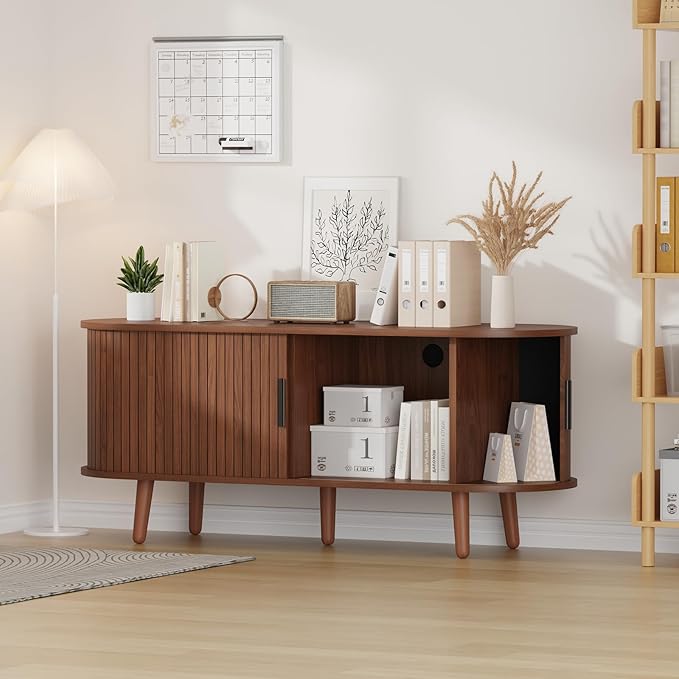 Mid Century Modern TV Stand, 47.2" Media Console Entertainment Center with 4 Storage Compartments & Sliding Doors, Bedroom TV Cabinet for ups to 55 Inch Tvs (Walnut)