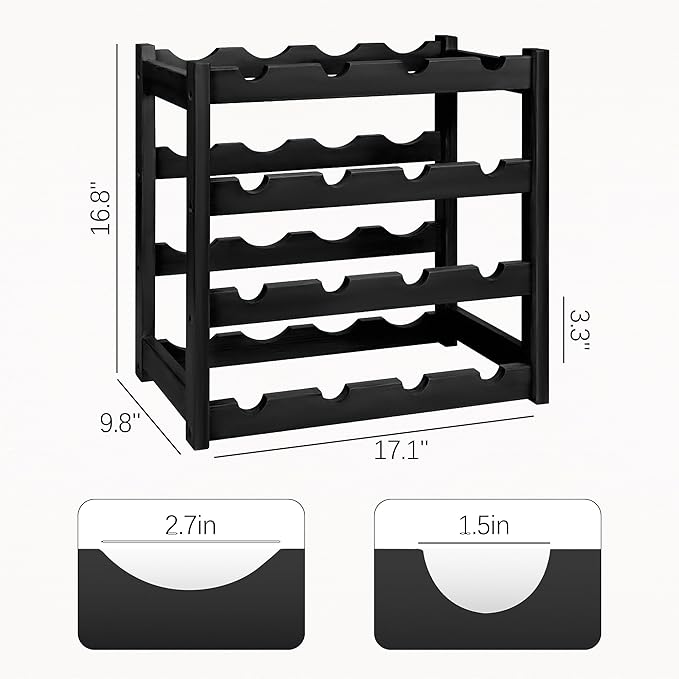 VASMIA Wine Rack, 4-Tier Bamboo Wine Racks Countertop,Sturdy and Durable Wine Storage Cabinet Shelf,16 Bottles Wine Holder for Kitchen Pantry, Black