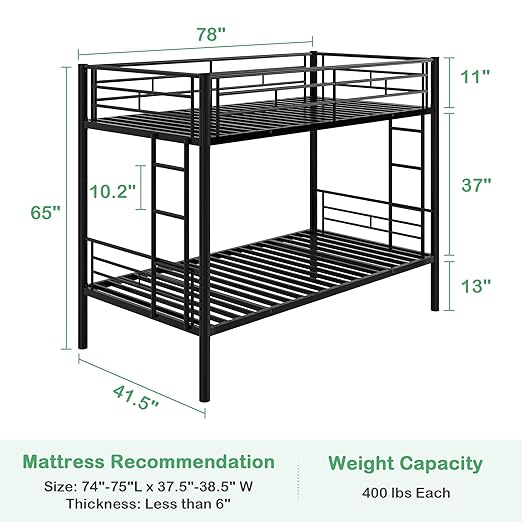 VECELO Metal Bunk Bed Twin Over Twin, Industrial Bunkbeds with Ladder and Full-Length Guardrail, Noise Free, No Boxing Spring Needed, Black