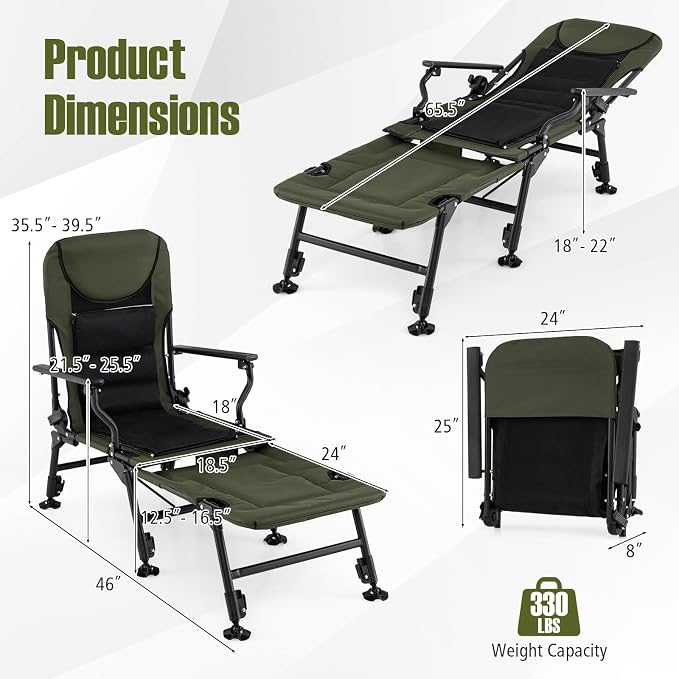 GYMAX Foldable Fishing Chair, Heavy Duty All-Terrain Camping Chair, Detachable Footrest, 180° Adjustable Padded High-Back, Portable Recliner for Outdoor (Detachable Footrest)