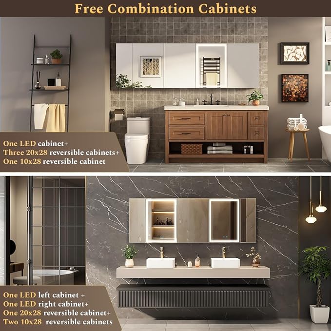 Spliceable Modular Bathroom Medicine Cabinet with Soft Close Doors with Glass on Both Sides, Reversible Wall Mounted Mirror (28" L x 10" W)