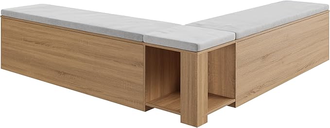 Bobve L-Shape Storage Bench with Cushion, Backless Corner Dining Bench, Kitchen Dining Nook Bench with Hidden Storage for Dining Room, Kitchen, Entryway (Wood+White)