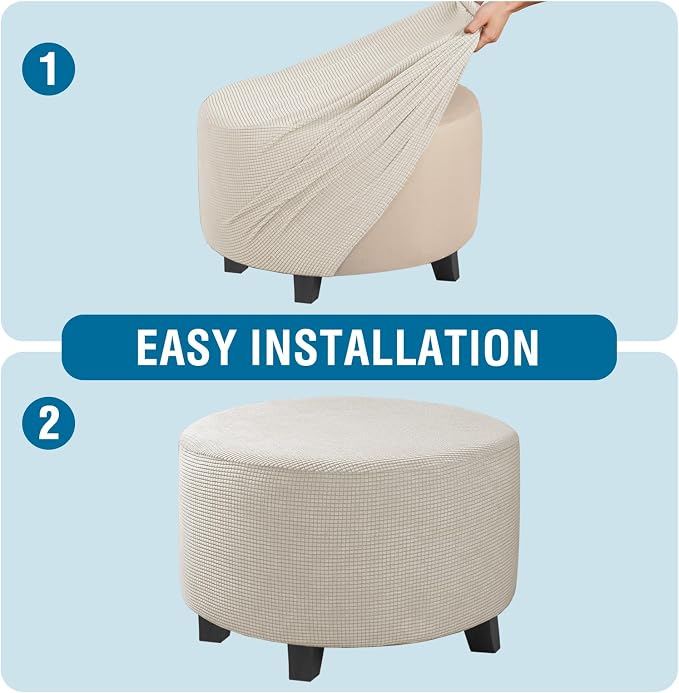 H.VERSAILTEX Ottoman Cover Stretch Ottoman Slipcover Round Ottoman Storage Cover Folding Stool Covers Furniture Protector Cover for Footrest Ottoman Fit Dia 20" - 23", Natural