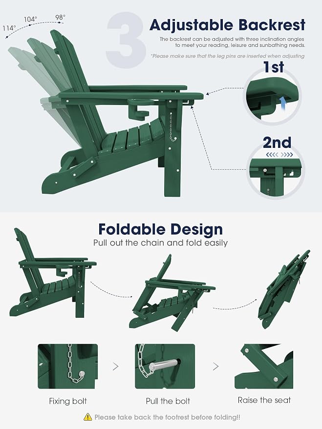 KINGYES Folding Adjustable Adirondack Chair with Ottoman & 2 Cup Holders, HDPE Adirondack Recliner Chair with Footrest, Green