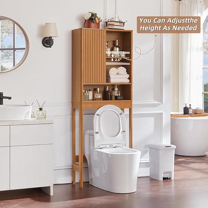 LEYAOYAO Fluted Over The Toilet Storage Cabinet, Farmhouse Over Toilet Bathroom Organizer with a Sliding Door, 68" Tall Tea Brown Freestanding Washer Shelf with Adjustable Shelf & Curved Profile