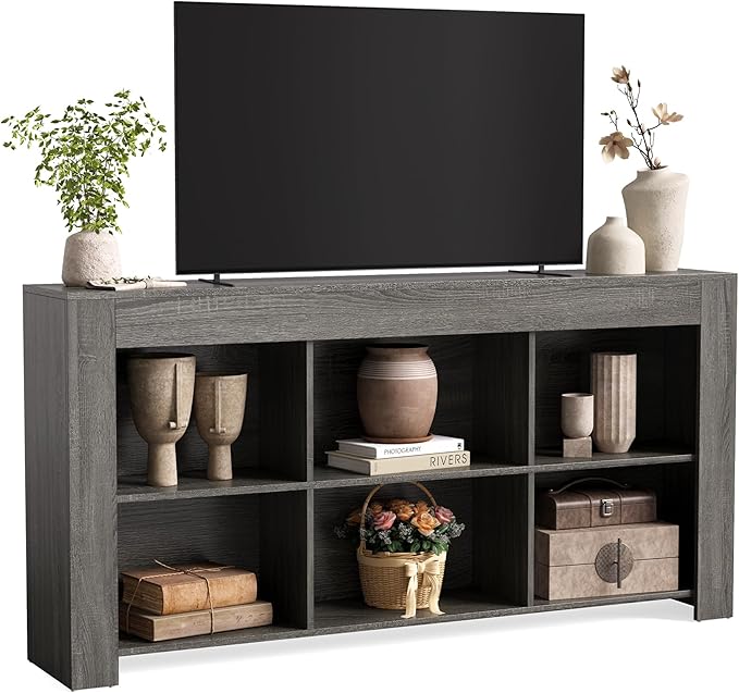LITTLE TREE TV Stand with Storage, 63-Inch Entertainment Center with Shelves, Modern Media Console for Television up to 65" for Living Room, Bedroom, Grey + Black
