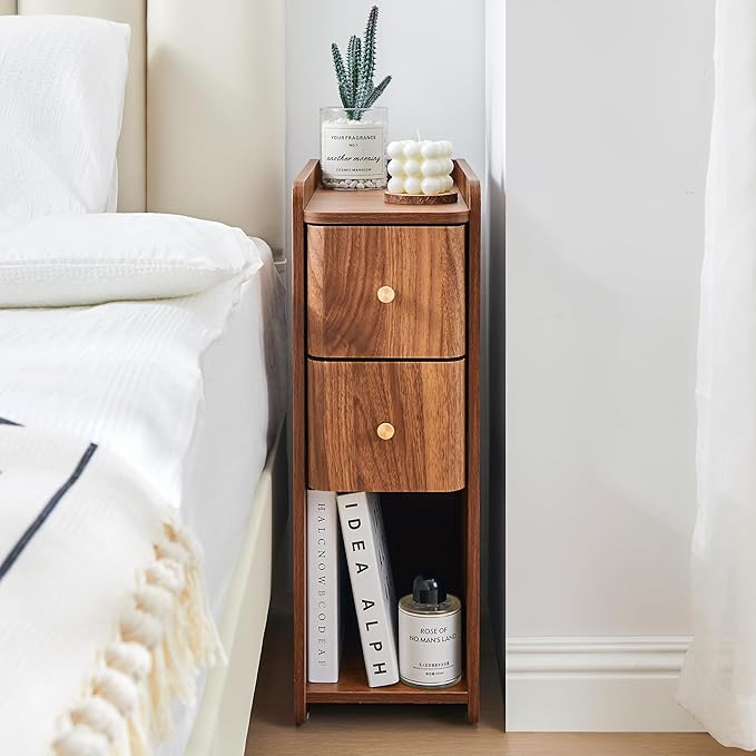 Narrow End Table Bedroom, Wooden Small 2 Drawer Nightstand, Thin Couch Side End Table, Skinny Bedside Table Small Spaces, Mid Century Modern Night Stand with Drawers (Walnut-1 pc)