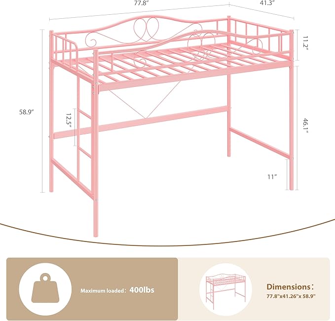 IDEALHOUSE Loft Bed Twin Size with Ladder & Full Safety Guardrail, Heavy Duty Metal Twin Loft Bed 400 Lbs Load Capacity, Space-Saving, Noise Free, No Box Spring Needed, Easy Assembly, Pink