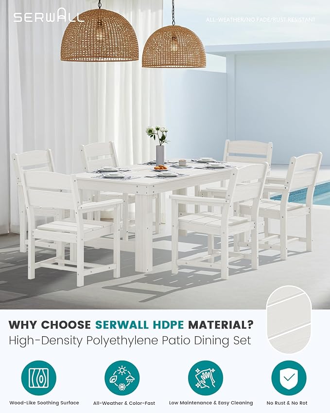 SERWALL Outdoor Dining Table Set, 67‘’ HDPE Patio Dining Set for 6, All-Weather Outdoor Table and Chairs Set for Deck, White