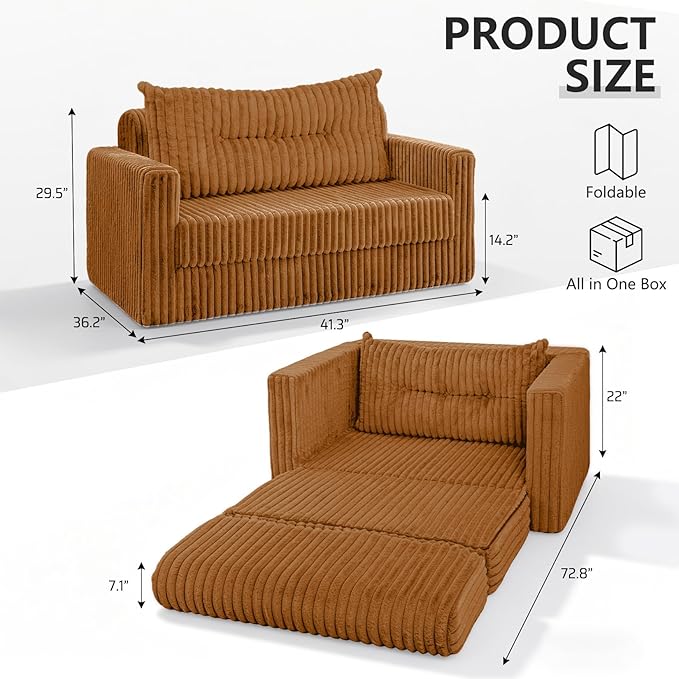 HABUTWAY 41.3" Loveseat Boneless Couch, 4-in-1 Convertible Sofa Bed, Plush Fur Folding Futon Sofa Bed Couches with a Pillow for Living Room, High-Density Foam Support, No Assembly Required, Orange