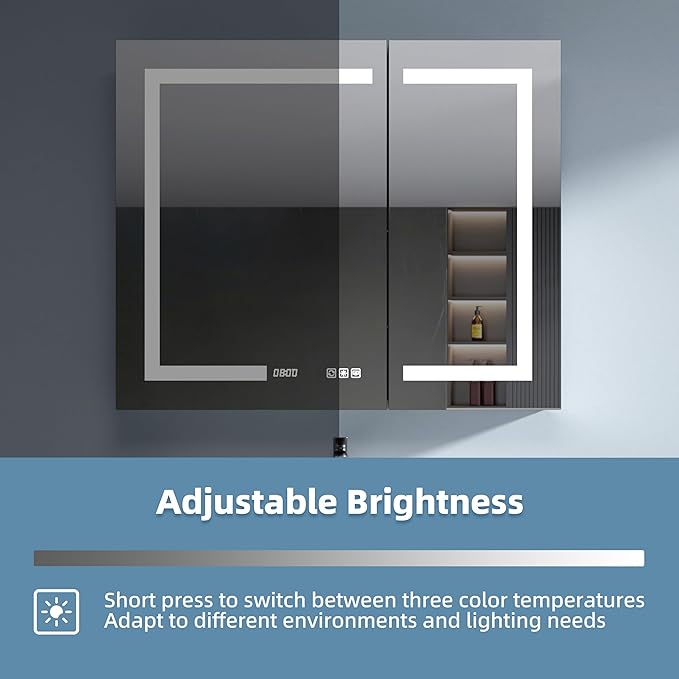 Medicine Cabinet with Lights with Mirror, 36 x 30 Inch Recessed/Surface Wall Mount LED Lighted Medicine Cabinets for Bathroom with Storage, 3 Colour Lights Dimmable Defog, Time/Temp Display