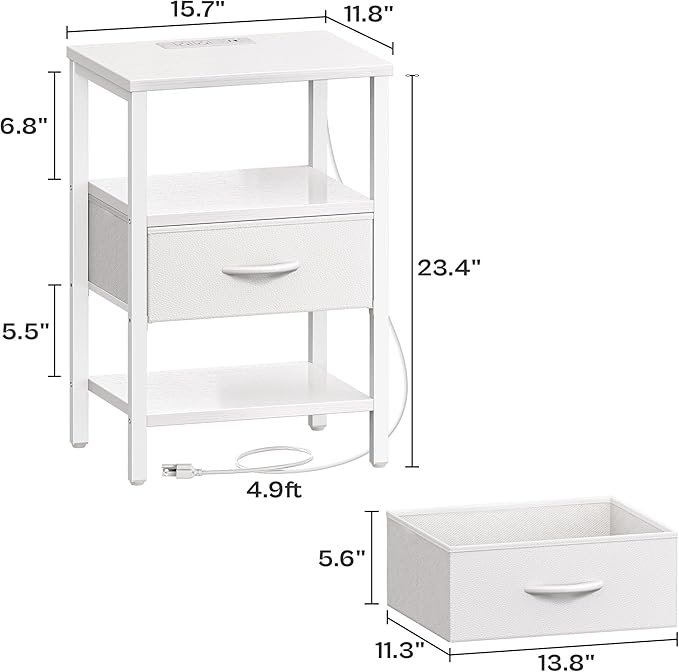 SUPERJARE Nightstand with Charging Station, Bed Side Table with Adjustable Fabric Drawer, Night Stand for Bedroom, 3-Tier Storage End Table, for Living Room, White
