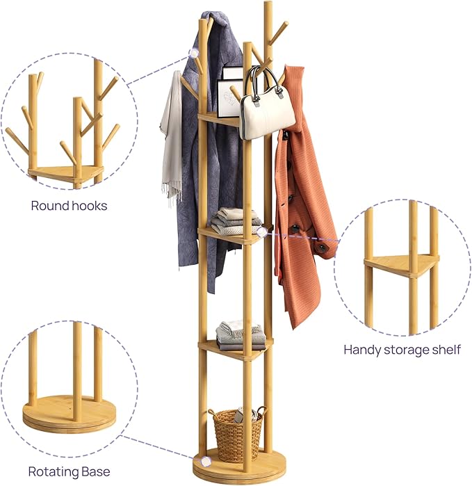 Rotating Coat Rack, Freestanding Coat Rack with 3 Shelves and 9 Hooks Clothes Organizer Coat tree for Bedroom, Entryway, Livingroom (Natural)