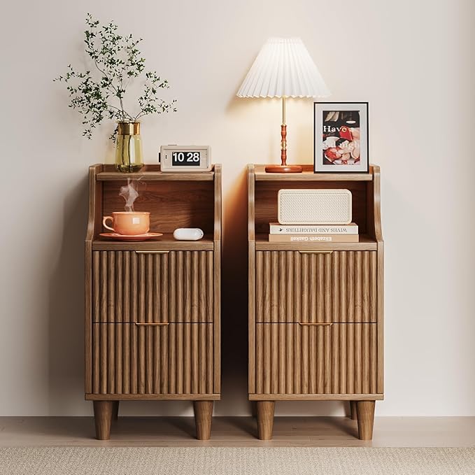 Narrow Nightstand Set of 2,11.8" Fluted Bedside Table Set of 2, Slim Side End Table with 2 Drawers, Wooden Bedside Table, Mid Century Modern Night Stand for Bedroom Livingroom Sofa Office