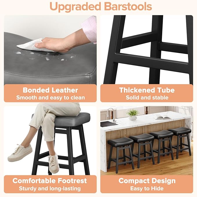 Raynesys Counter Height Bar Stools Set of 3, 24 Inch Barstools for Kitchen Counter, Kitchen Stools with Bonded Leather Saddle Seats & Heavy Duty Metal Legs, Easy Assembly, Gray/Black