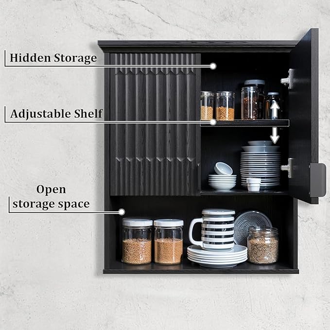Fatmok Bathroom Wall Storage Cabinet, Medicine Cabinet with Adjustable Wood Shelf & Doors, Over the Toilet Storage Cabinet for Laundry Room & Living Room Kitchen,Black