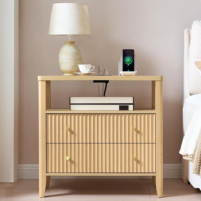 Fluted Nightstand with Charging Station, 27.3" Wide Modern Bedside Table with 2 Drawers & Open Shelf, Large Wood End Table with Storage & Metal Handle for Bedroom, Living Room, Natural Wood