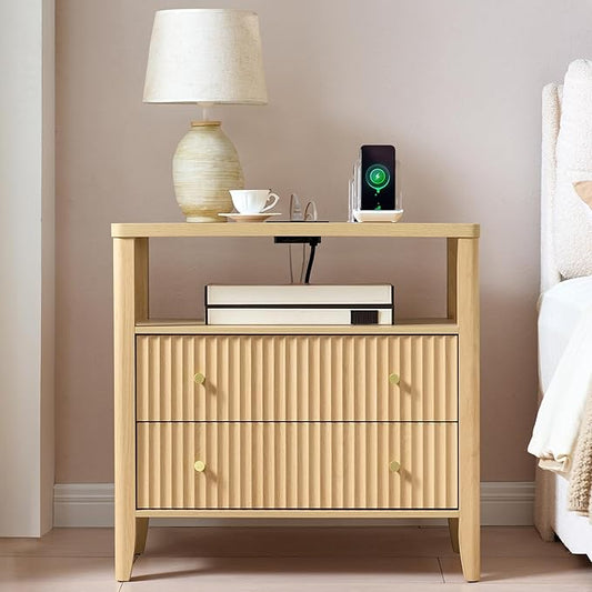 Fluted Nightstand with Charging Station, 27.3" Wide Modern Bedside Table with 2 Drawers & Open Shelf, Large Wood End Table with Storage & Metal Handle for Bedroom, Living Room, Natural Wood