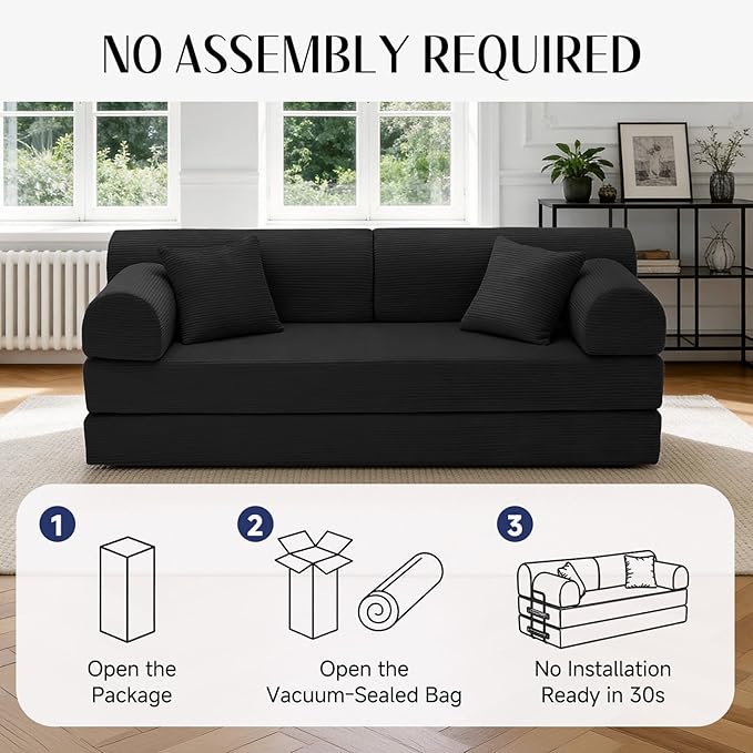 78.8" Convertible Sofa Bed with Detachable Arm Pillow, 6-in-1 Sectional Couches for Living Room, Corduroy Boneless Couch, Sleeper Loveseat Couch Bed, No Assembly, Black Couch