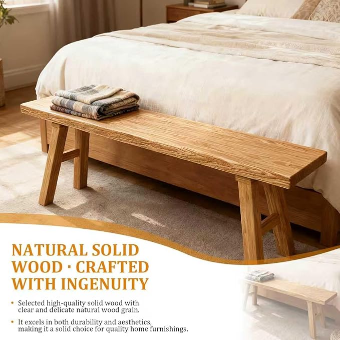 55" Extra Long Solid Wood Entryway Bench - Premium Elm Wood Farmhouse Dining Bench for Large Spaces, Hallway, Kitchen - Antique Brown Finish