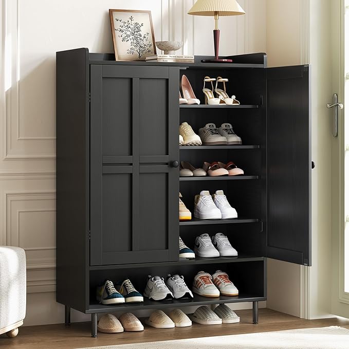 ComfyCorner Black 7+1 Tier Farmhouse Shoe Storage Cabinet - 45" Tall Entryway Organizer with Cross Molding Doors, 3 Adjustable Shelves & Metal Legs, Shoe Rack for Front Door Entrance