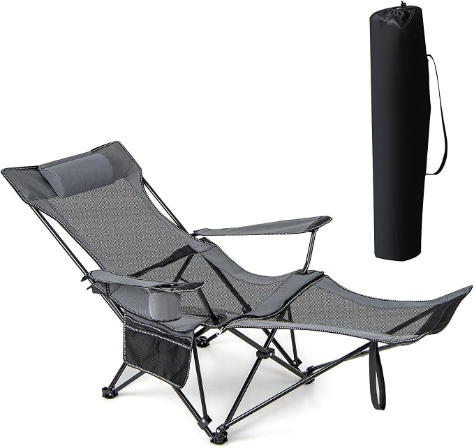 GYMAX Camping Chair, Adjustable Reclining Lounge Chair w/Removable Footrest, Padded Pillow, Cup Holder & Side Pocket, Folding Camping Mesh Chair w/Carry Bag for Outdoor Patio Lakeside (1, Grey)