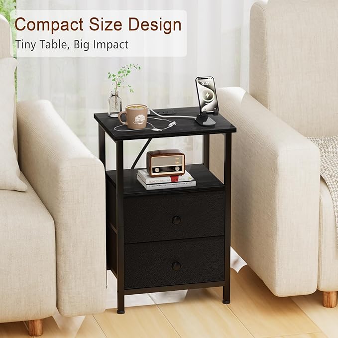LOAKEKEL Night Stand, Nightstand with Charging Station, Slim Industrial Bedside Table with 2 Fabric Drawers, Small End Table with USB & Type-C Ports for Bedroom, Black, HETS020BK-1