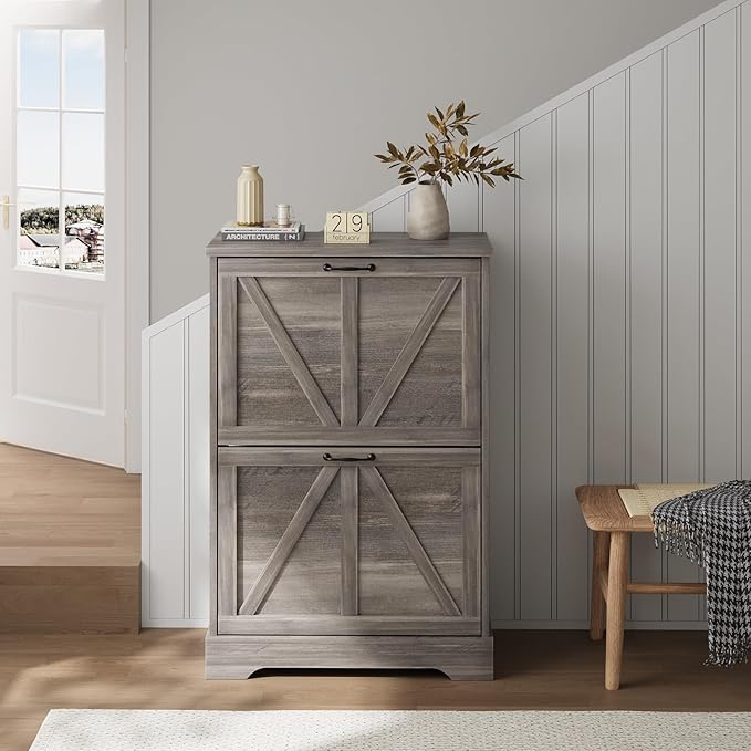 Smart FENDEE Shoe Cabinet, Shoe Storage Cabinet for Entryway with 2 Flip Drawers, Narrow Farmhouse Shoe Organizer Cabinet, Slim Shoe Rack Cabinet, Gery