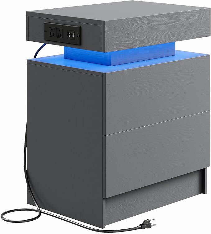 LIKIMIO Night Stand with Charging Station, Modern Grey Nightstand with LED Light and Drawers, Bedside Tables/End Table for Bedroom