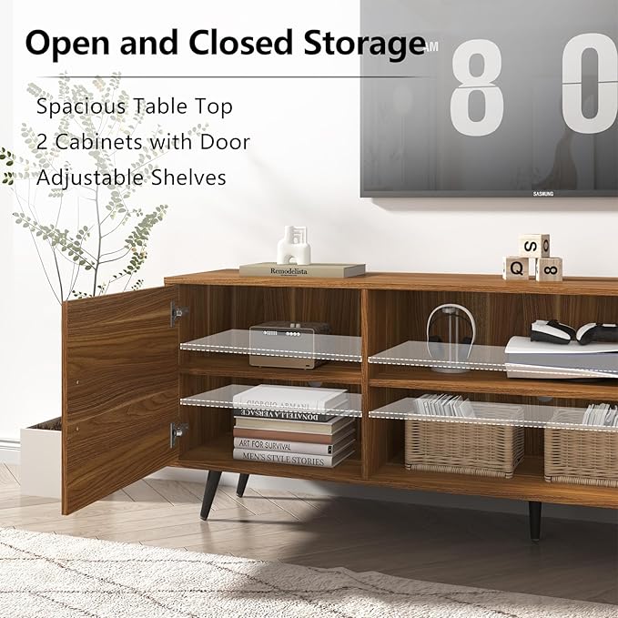 70 Inch Mid Century Modern TV Stand for 75 Inch TV, Wood TV Stand with Storage, Entertainment Center for Living Room Bedroom, TV Media Console, Walnut
