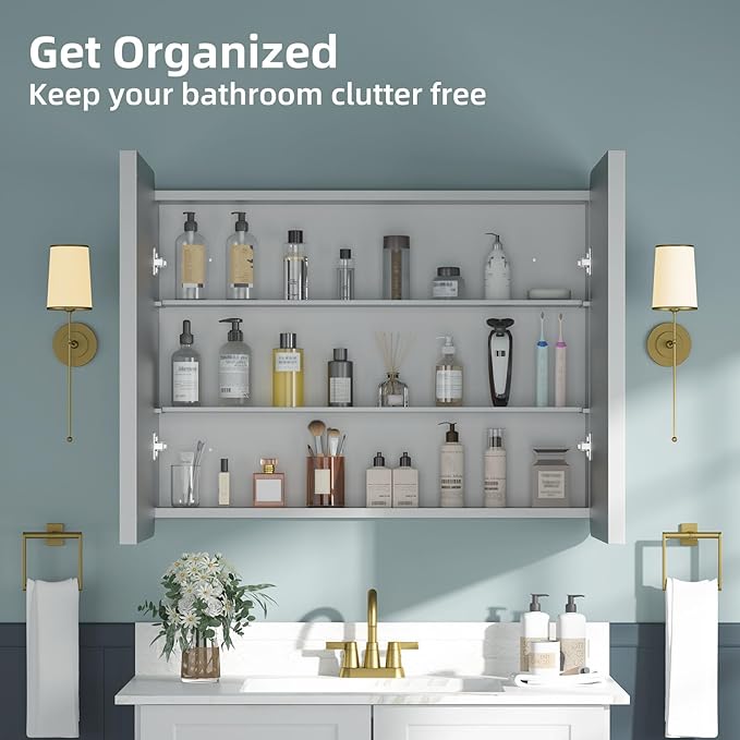 Bathroom Medicine Cabinet with Mirror 24x30Inch, Silver Medicine Cabinet Recessed or Surface Wall-Mounted, Mirrored Cabinets with Sturdy Metal Adjustable Shelves for Bathroom Vanity