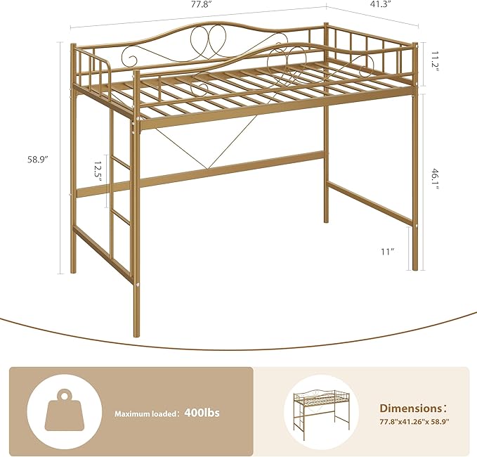IDEALHOUSE Loft Bed Twin Size with Ladder & Full Safety Guardrail, Heavy Duty Metal Twin Loft Bed 400 Lbs Load Capacity, Space-Saving, Noise Free, No Box Spring Needed, Easy Assembly, Gold
