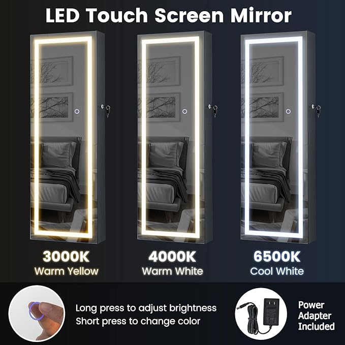 CHARMAID LED Mirror Jewelry Cabinet, Lockable Jewelry Armoire with Adjustable Lighted Full Length Mirror, 3 Lighting Sets, Wall Mounted Door Hanging Jewelry Storage Organizer (Black, 42.5''H)