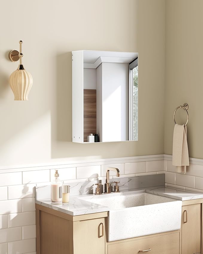 CHOEZON Bathroom Medicine Mirror Cabinet, Wall-Mounted Bathroom Vanity with Mirror, Bathroom Medicine Cabinet with Storage Function, Hanging Storage Cabinet, Adjustable Shelves, White