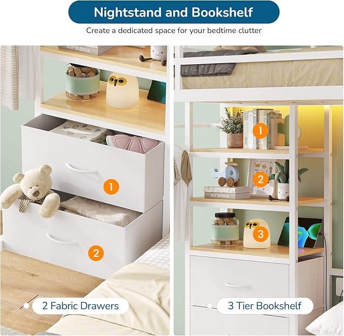 Twin Over Full Size Bunk Bed with 4 Storage Drawers and Bookshelf, Metal Bunk Beds with LED Lights, Charging Station, Loft Bunk Bed with Pegboard, Safety Guardrail and Ladders, for Kids, Teens, Adults