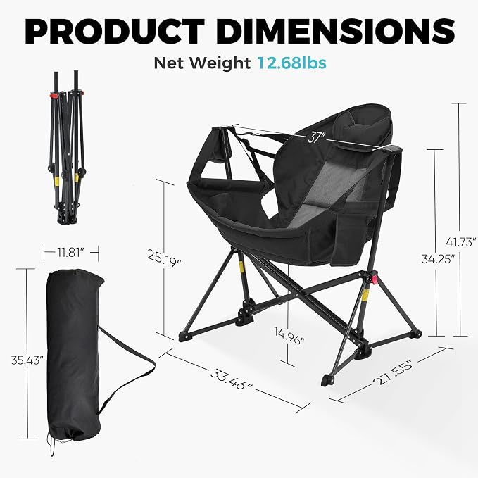 Ainfox Hammock Camping Chair, Foldable Portable Rocking Chairs for Adults Outside Swinging Camp with Cup Holder Pillow for Outdoor Patio Poolside (Black)