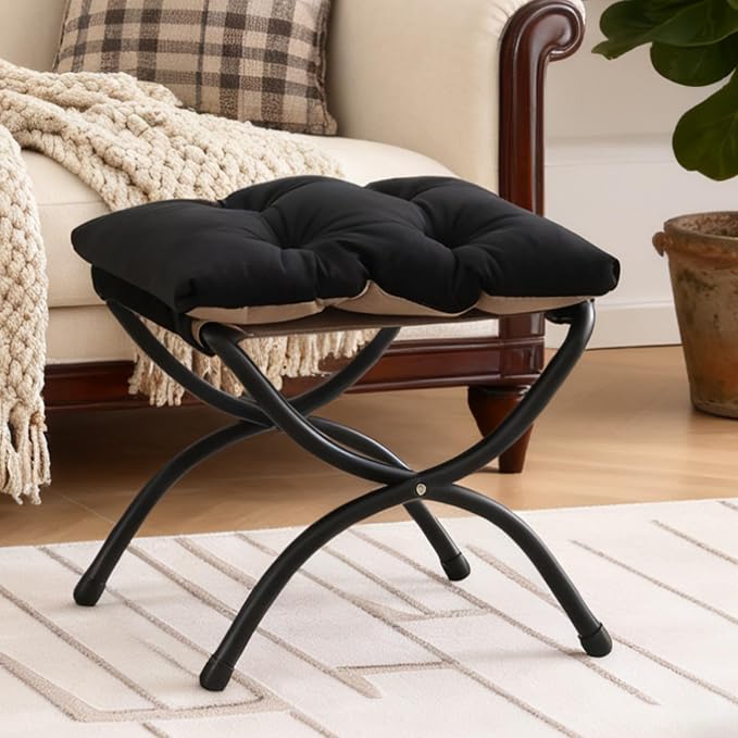 Welnow Folding Foot Stool, Upholstered Small Accent Ottoman with Detachable Thick Cotton Cushion Padded Sofa Stool and Metal Frame for Lazy Chair, Living Room, Bedroom, Black