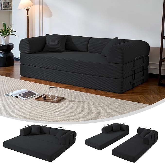 79" Compressed Sofa, Convertible Sofa Bed, Corduroy Compression Boneless Couch with Pillow, Comfy Modular Foldable Floor Sleeper Sofa for Bedroom, Living Room, Lounge, Studio (Black)