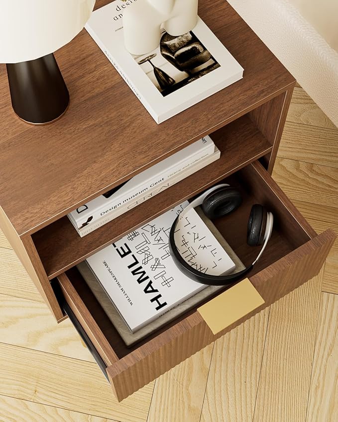 Aienvey Night Stand, Modern Nightstand with Drawers, Bedside Table, Gold Small Side Table for Bedroom, Living Room End Table (Walnut Stripe, 1 Drawer)