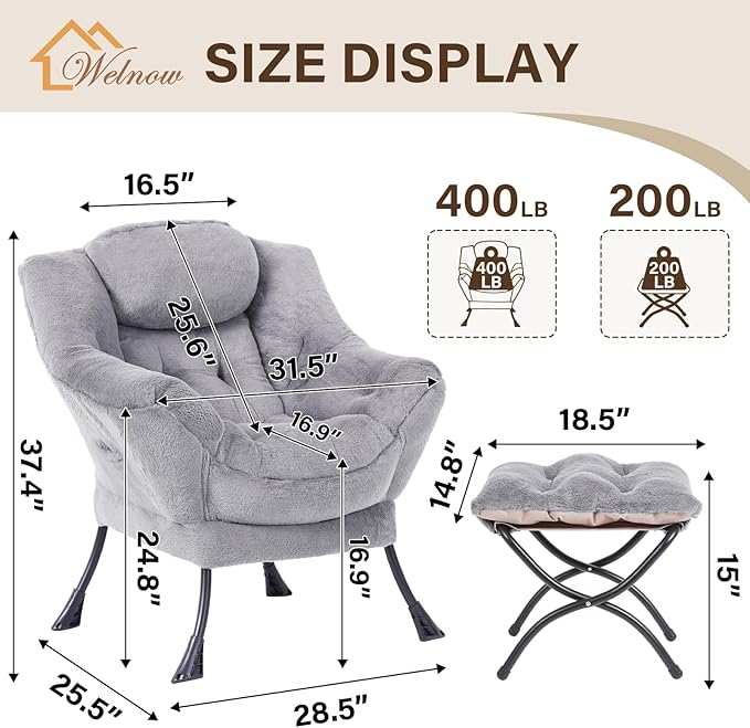 Welnow Lazy Chair with Ottoman, Modern Accent Chair with Armrests and a Side Pocket, Leisure Sofa Armchair, Reading Armchair with Footrest for Small Space, Plush Grey