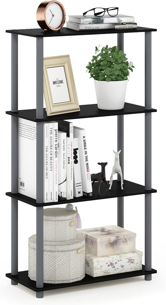 Furinno TURN-N-TUBE Storage Shelves, 4-Tier Toolless Book Shelf, Corner Shelf, Toolless Open Shelves, for Organization and Storage, Living Room, Garage, Home Office, Black