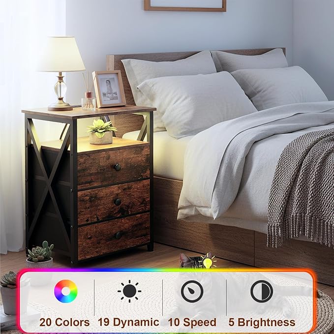 AMHANCIBLE Night Stand Set 2, LED Nightstand with Charging Station, End Side Tables with USB Port & Outlet, Bedside Tables with 3 Fabric Drawers for Bedroom, Rustic Brown HET053LBR