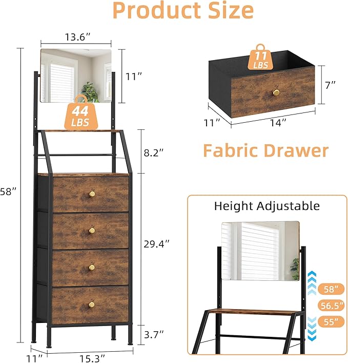 HIGDBFE 4-Drawer Dresser with Mirror, Vanity with 2-Tier Shelves, Fabric Chest of Drawers for Small Space, Vertical Storage Cabinet for Bedroom, Nightstand Bedside Table, Rustic Brown, 15.3" W