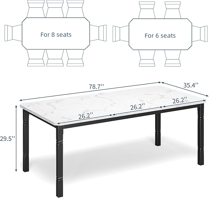 Garvee Large Dining Table for 6-8 People, 79" Wooden Kitchen Table with Sturdy Metal Frame, Dining Room Table for Dining Room, Kitchen, Black Leg & Marble White