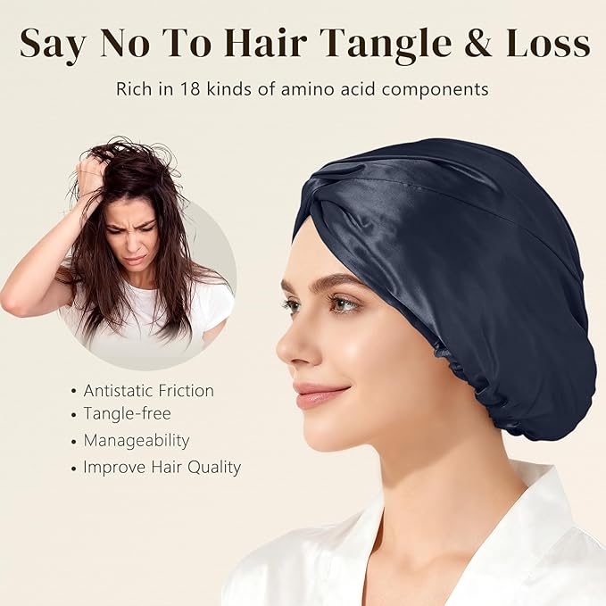 ZIMASILK 100% 22匁 マルベリーシルク ボンネット 就寝用 レディース、通気性シルクヘアラップ プレミアムヘア保護用 - 摩擦軽減 (1個、ネイビー)