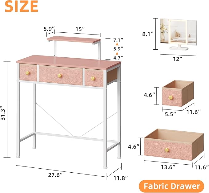 HIGDBFE Small Makeup Vanity Desk 27.5''W with Mirror and Lights, Vanity Desk with 3 Fabric Drawers and Height-Adjustable Stand, Vanity Table for Girls Gifts, Bedroom and Small Spaces, Pink