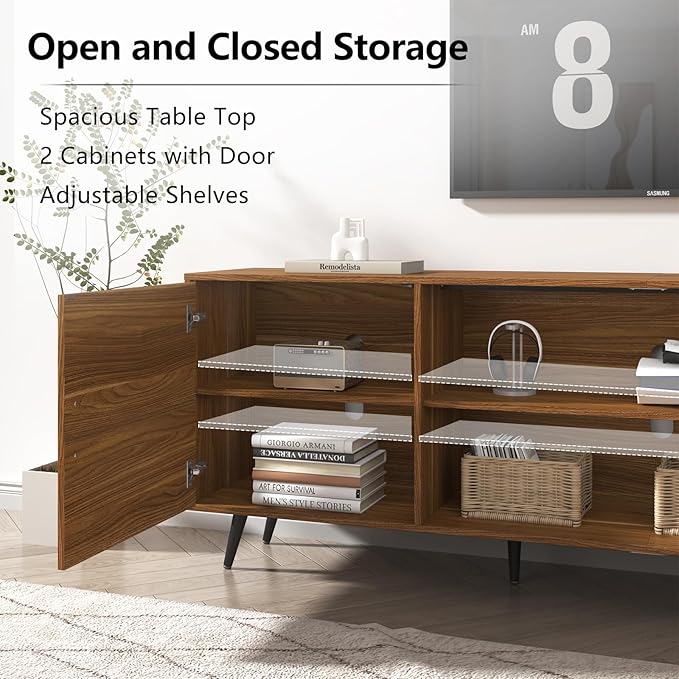 80 Inch Mid Century Modern TV Stand for 75 Inch TV, Wood TV Stand with Storage, Entertainment Center for Living Room Bedroom, TV Media Console, Walnut