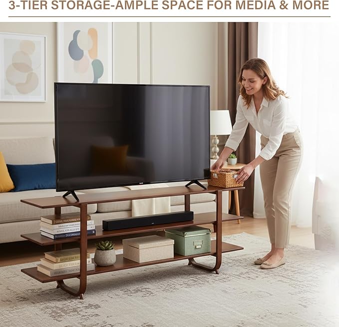 Tiita Wooden TV Stand for 65 Inch TV, Modern Media Console Table with 3-Tier Storage Shelves, Long Entertainment Center for Living Room, Walnut TV Stand with Open Display Rack